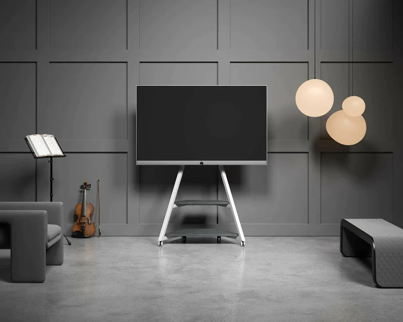 White portable tv stand on wheels for music rooms and exhibition halls.