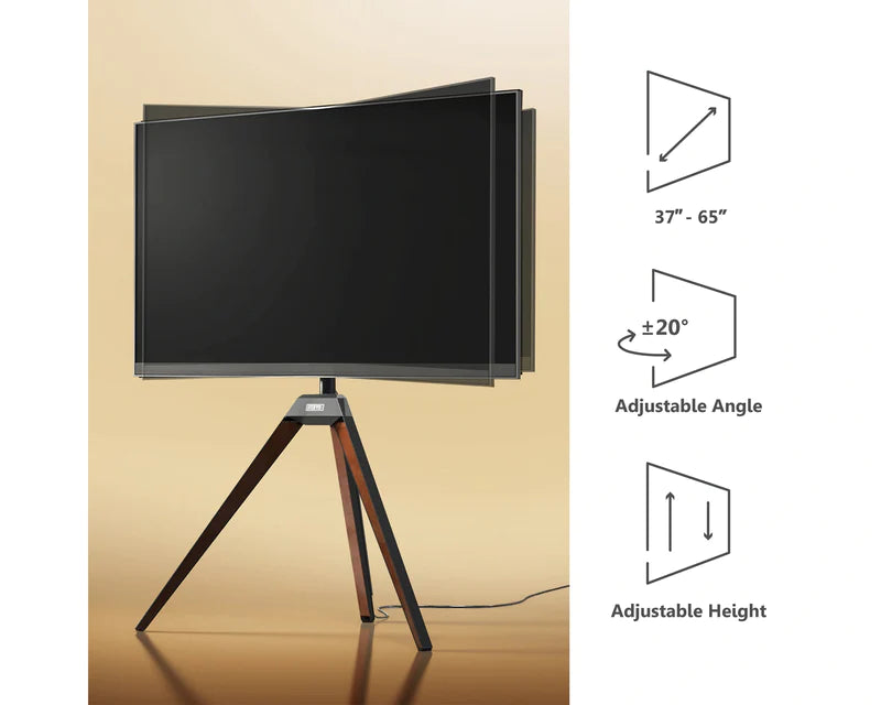 Height-adjustable tripod easel TV stand in walnut