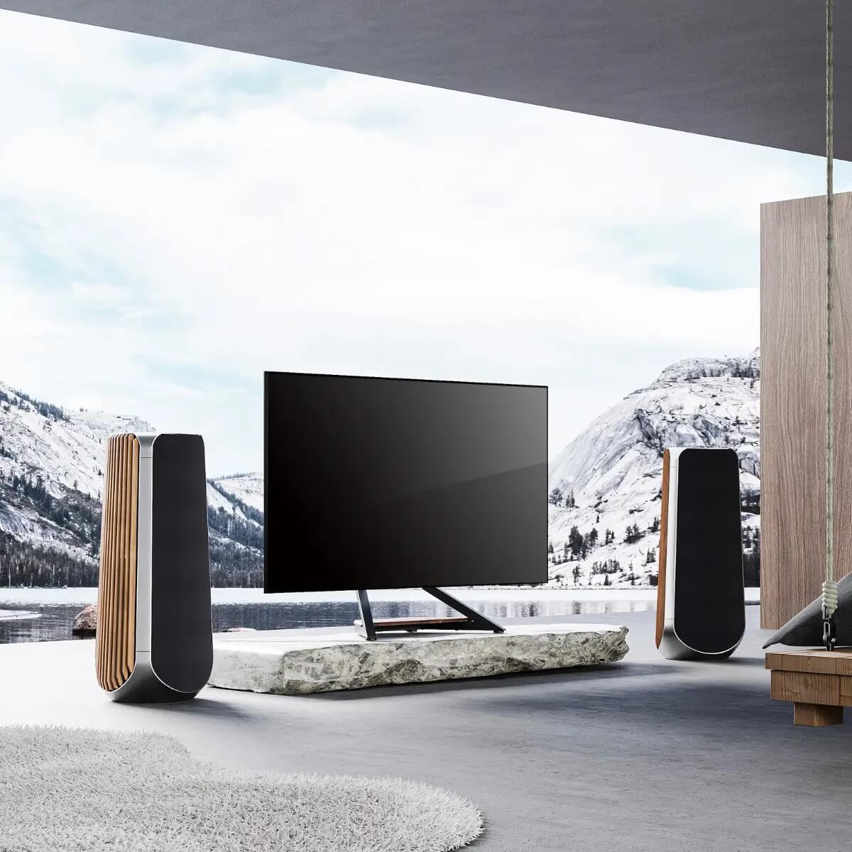 FITUEYES Eiffel TT85 tabletop TV Stand in walnut