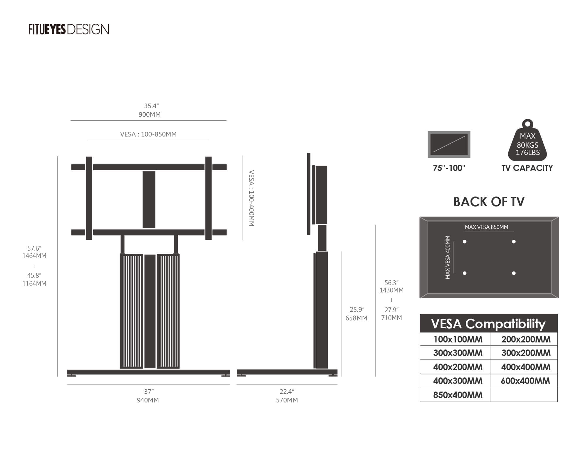 FITUEYES Cantor FT100 TV Stand Dimension