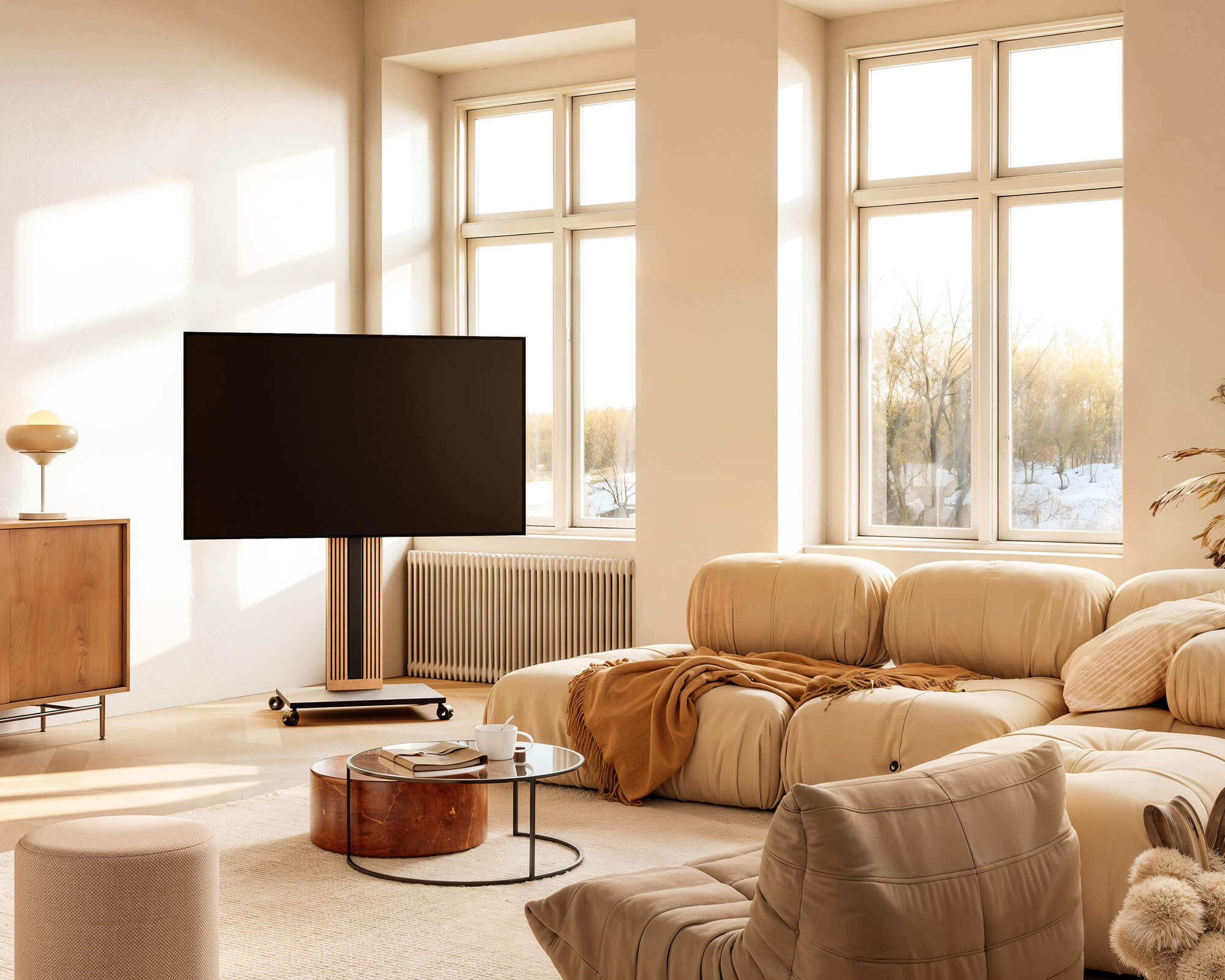 balck corner tv stand with wheels in the warm living room ZEN Series