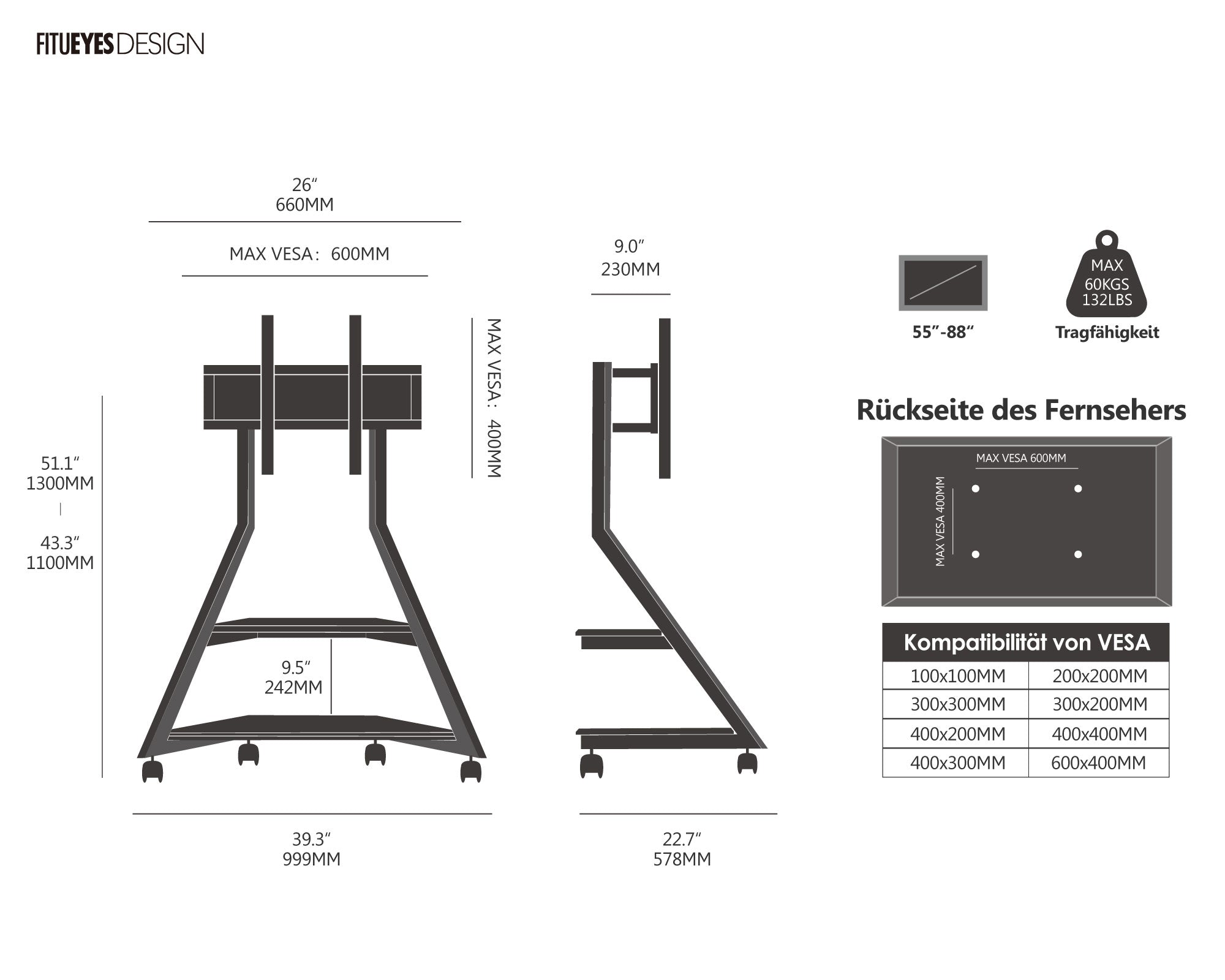 Eiffel V2 FT88 Floor TV Stand With Wheels